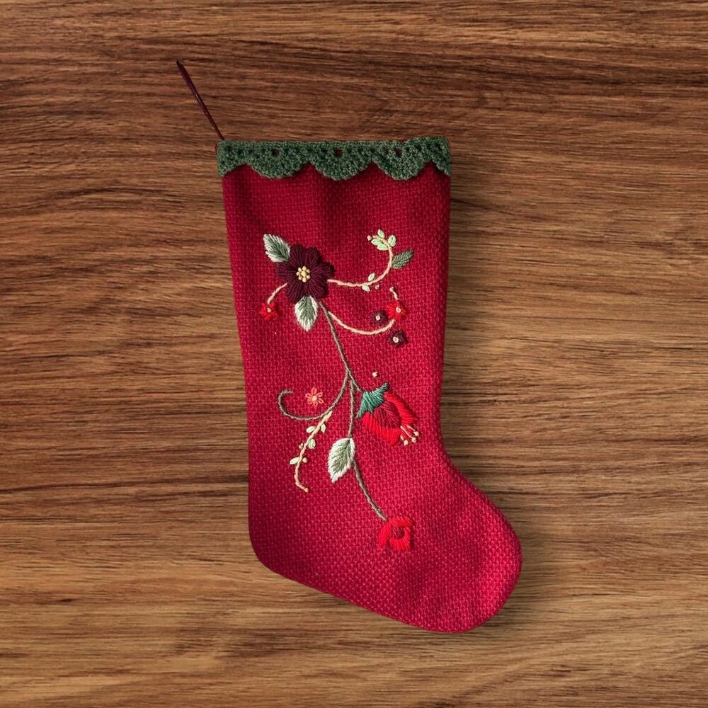 Vintage Christmas Stocking Prima Creations Red Green Floral Embroidery Primitive